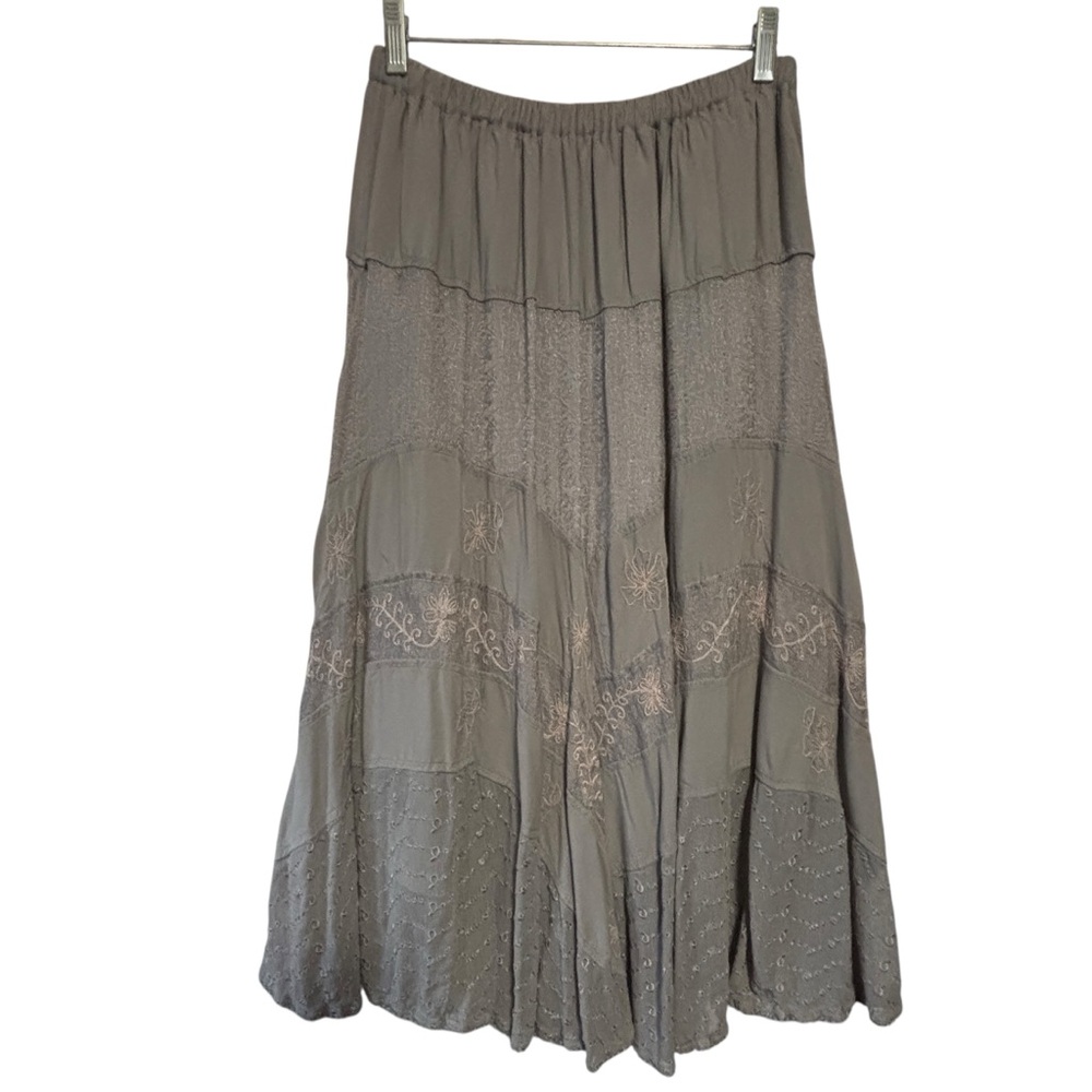 MULTIPLES PL EMB Boho Flowy Fairy Festival Skirt Mixed media Gray Peasant floral